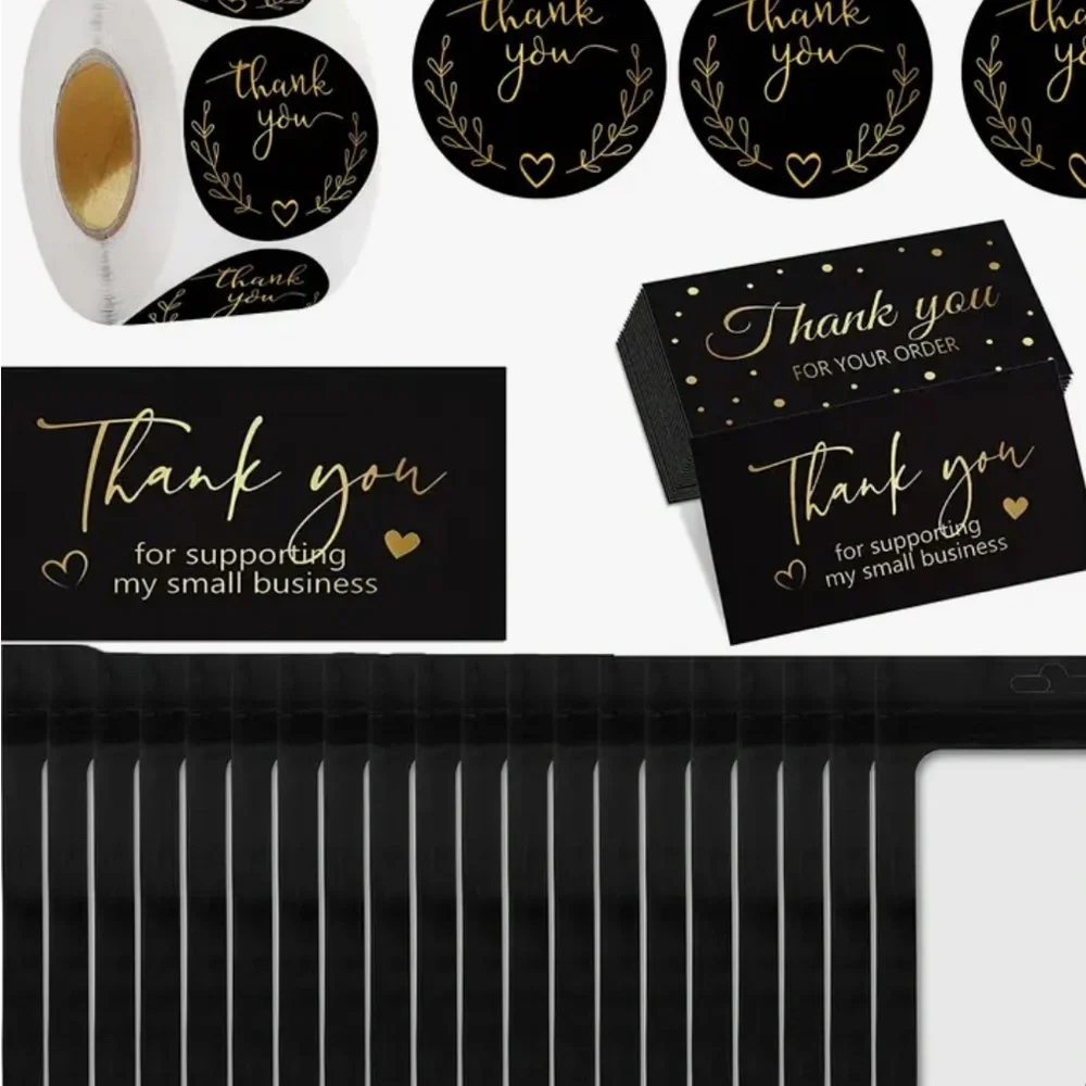 Black and Gold Thank You 500 Stickers,100 Business Cards and 20 Reseal Envelopes
